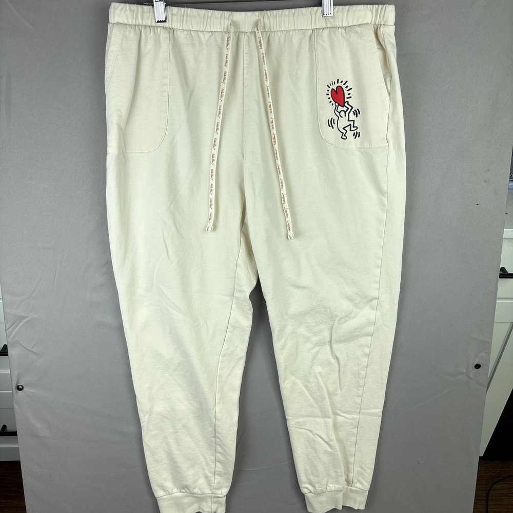 Keith Haring Sweatpants Mens‎ XL White Fleece Joggers Heart Art Graphic